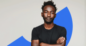 Young man with a segment of the Color Health logo behind him