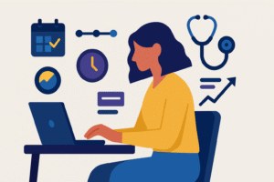 Illustration of a woman working on a laptop surrounded by icons representing healthcare, scheduling, and productivity.