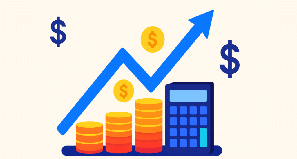 Illustration of rising financial growth with stacked coins, upward arrow, dollar signs, and a calculator.